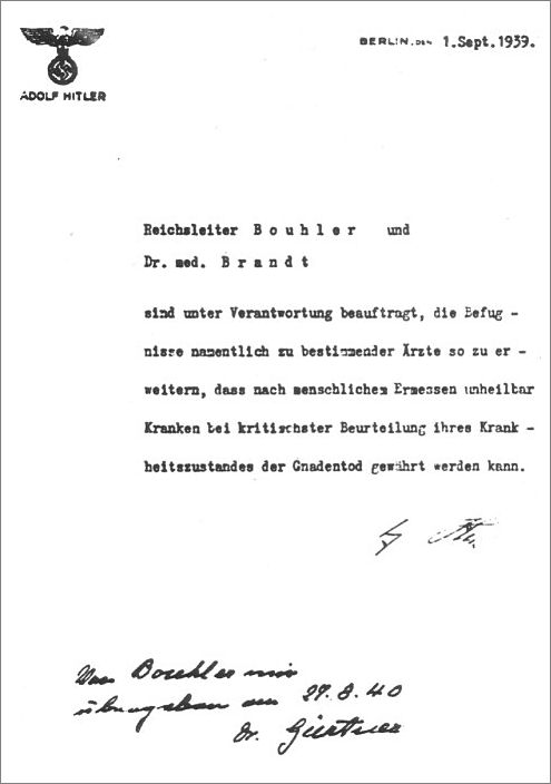 Hitlers order to Bouhler authorizing the T4 program